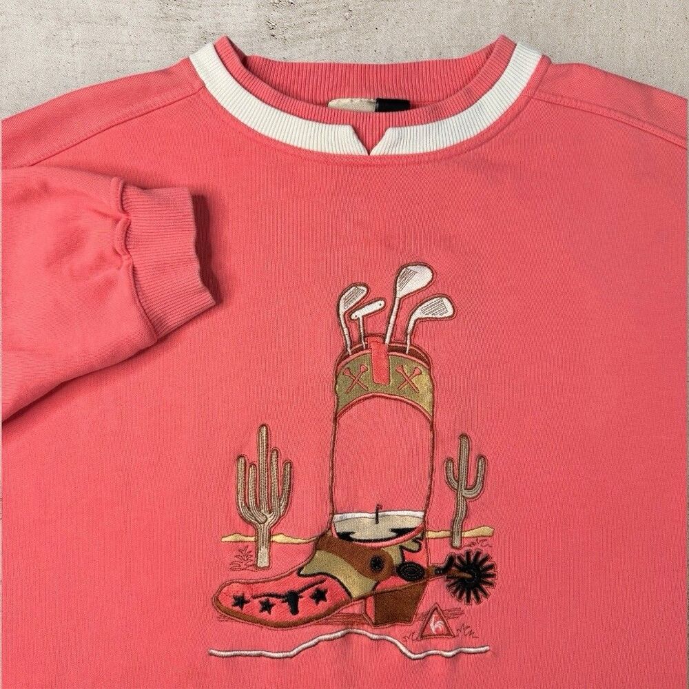 Le Coq Sportif Golf Desert Graphic Sweatshirt Large Pink Western Cactus Rare Y2K